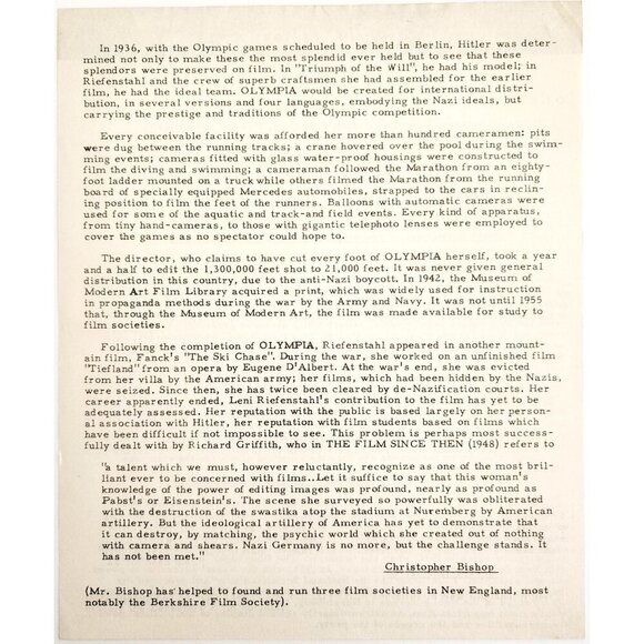 1956 Cinema 16 Film Notes Olympia Riefenstahl WW2 Germany Doc Original 2 C99 - Picture 3 of 3